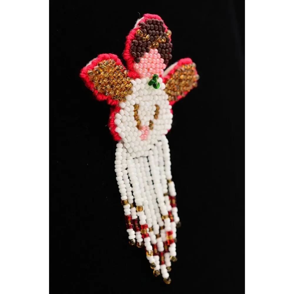 Vintage Angel Pin Brooch Beaded Dangle Fringe Fabric Christmas 1990s BinAT